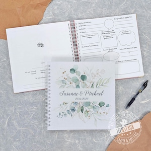 Gästebuch für die Hochzeit, mit vorgedruckten Fragen zum Ausfüllen, personalisierbar, Hochzeitsgästebuch Eukalyptus Hardcover Buchdeckel Bild 1