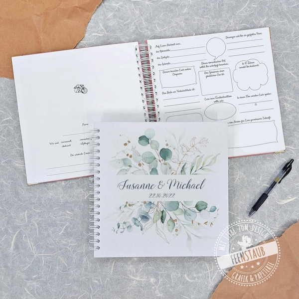 Gästebuch für die Hochzeit, mit vorgedruckten Fragen zum Ausfüllen, personalisierbar, Hochzeitsgästebuch Eukalyptus Hardcover Buchdeckel