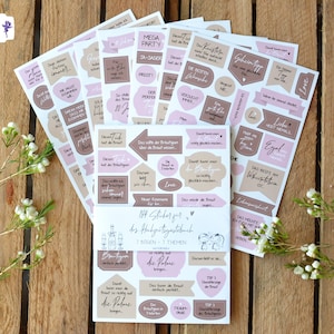 7 Stickerbögen für das Hochzeits-Gästebuch, 184 unterschiedliche Sticker mit 7 Themen für Hochzeit, Aufkleber mit Fragen Sprüche Motiven