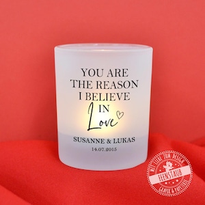 Windlicht personalisiert mit Namen, Teelichthalter Valentinstag, Kerzenhalter mit Namen, Geschenk zum Jahrestag, Kerzenglas mit Spruch
