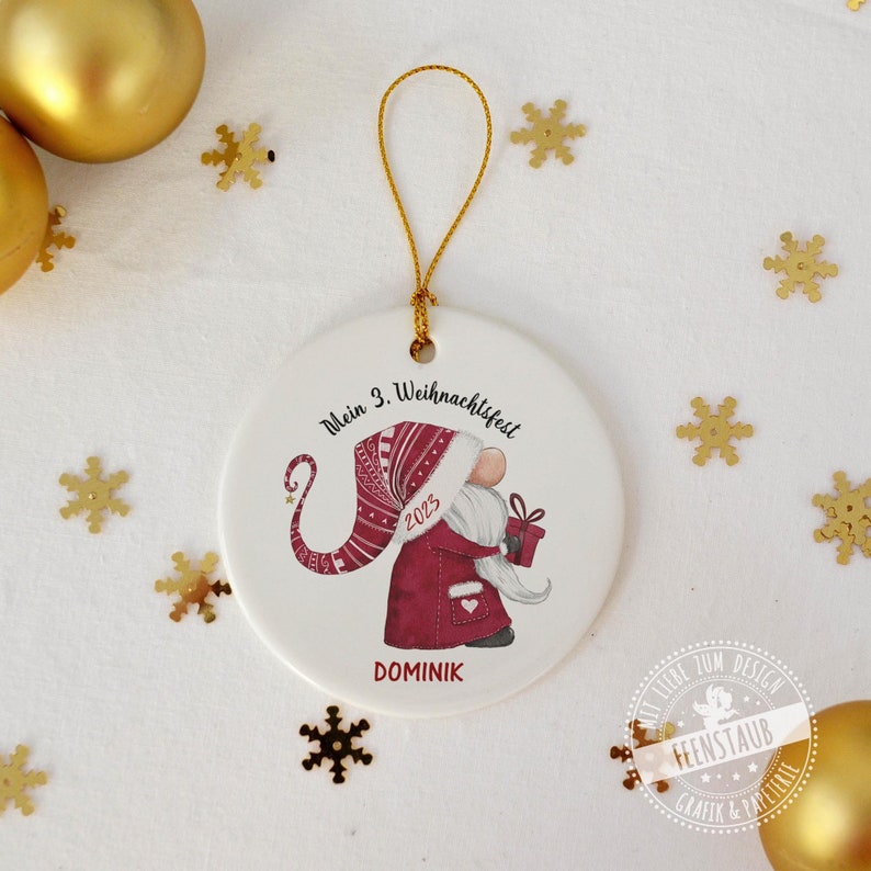 Christmas tree ball personalized with name for first Christmas with baby, ceramic pendant Christmas gnome Christmas gnome Christmas ball image 2