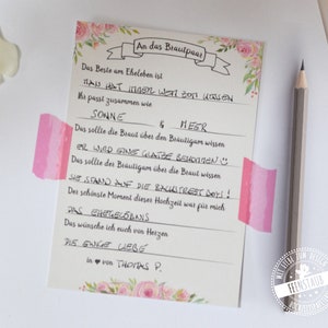 Gästebuchkarten zum Ausfüllen mit vorgedruckten Fragen für die Hochzeitsgäste, Gästekarten in A6, einkleben ins Hochzeitsalbum mit Fotos