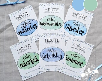 Baby Meilenstein Karten für die ersten Feste und großen Anlässe, erstes Weihnachten, Milestones, Junge Meilensteinkarten auf deutsch, Blau