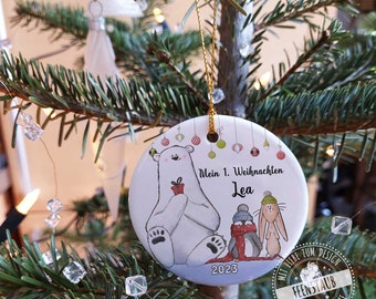 Christbaumkugel personalisiert mit Namen für erstes Weihnachten mit Baby, Keramik-Anhänger Weihnachten feiern Weihnachtsdeko Weihnachtskugel