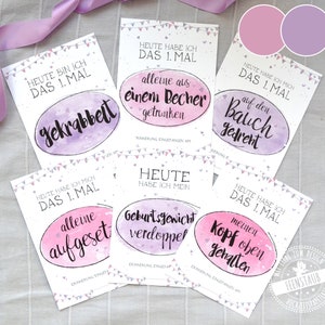 Carte pietra miliare per bambini per il primo anno, grandi passi, prime volte, carte sviluppo Carte pietre miliari per bambini in tedesco, rosa/lilla