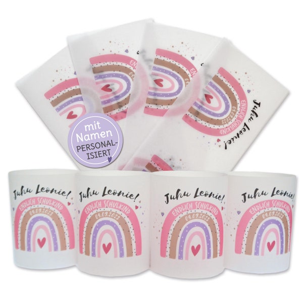 Einschulungsparty Windlichthülle aus Transparentpapier, Einschulung Deko, personalisierbar, Kerzenhülle 4er Set für Teelicht Regenbogen rosa