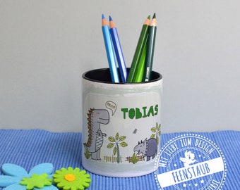 Stiftehalter mit Namen personalisiert, Stiftebecher aus Keramik, Stifteköcher Dinos Dinosaurier, Geschenk Einschulung Schulstart, Geburtstag