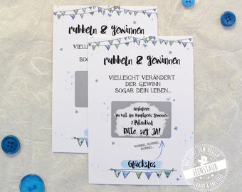 Scratch card for godparents, card with scratch field, scratch and win, do you want to be a godfather, unisex text, blue pennant chain