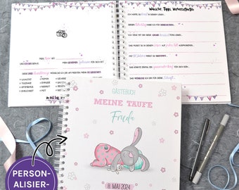 Baptism/1st birthday guest book with pre-printed questions to fill out, memory album, pink bunny, customizable with name and date