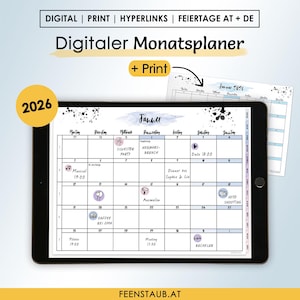 Könnte beinhalten: Ein digitaler Monatsplaner auf einem Tablet, mit einem Kalender für Januar 2026. Das Design umfasst Ereignissymbole und den Text "Digitaler Monatsplaner". Ein gedruckter Kalender ist ebenfalls sichtbar.