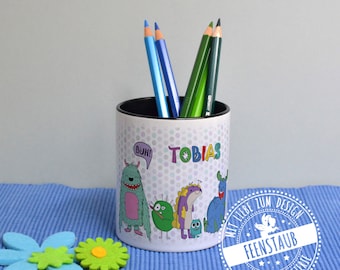 Stiftehalter mit Namen personalisiert, Stiftebecher aus Keramik, Stifteköcher für Jungen Monster Geschenk Einschulung Schulstart, Geburtstag