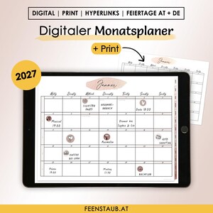 Könnte beinhalten: Ein digitaler Monatsplaner für 2027 auf einem Tablet-Bildschirm mit einem Raster für Januar, handschriftlichen Notizen, kleinen runden Symbolen und einer rosafarbenen Pinselstrich-Überschrift. Eine gedruckte Version ist im Hintergrund zu sehen.