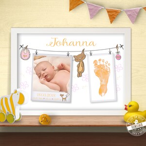 Baby Fußabdruck Bild mit Babyfoto, Geschenk zur Geburt, Geburtsdaten, Geburtsprint mit Katze, Foto und Baby Fußabdruck, personalisiert