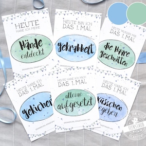 Baby Meilenstein Karten fürs erste Jahr, große Schritte, erste Male, Entwicklungskarten Baby Fotokarten Meilensteinkarten deutsch, Blau/Grün