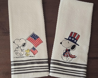 Embroidered Dog and Bird Kitchen Towels for Memorial Day, Independence Day, Labor Day