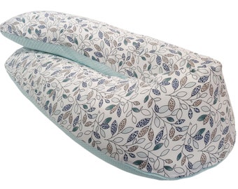 Coussin d'allaitement, coussin câlin ou simplement housse feuilles bleu/menthe de l'Atelier MiaMia