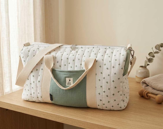 Handmade muslin diaper bag – Large mom bag / Boston bag – Waterproof interior – Baby diaper bag with shoulder strap – Stylish mom bag