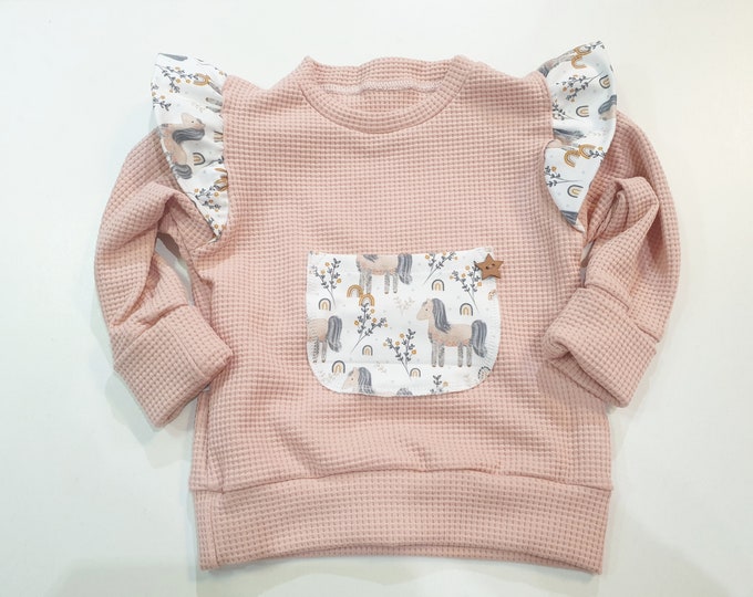 Hoodie, sweater with ruffle sleeves waffle jersey horse by Atelier MiaMia