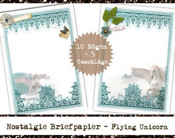 Nostalgisches Briefpapier Set Flying Unicorn
