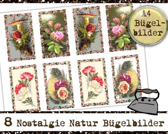 Nostalgie Bügelbilder mit Blumen und Fliegenpilzen