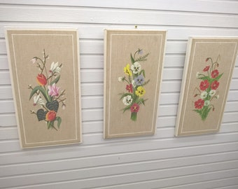 Wall decoration set floral motifs fabric painting on white wooden frame *three flowers* Live vintage with pimp-factory.de