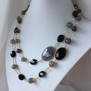 Agate & Onyx Necklace Gold plated necklace, Long chain, Smoke agate faceted, Crystal chain! Onyx faceted, gift for wife
