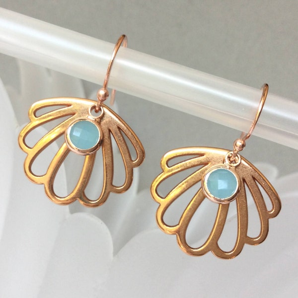 Earrings 925 Silver rose gold plated with jewelry glass in shell shape, Brautohrringe