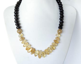 Citrine Onyx Necklace, Citrine Nuggets, Yellow-Black, Onyx Necklace, Gemstone Necklace, Two Rows, Christmas Gift