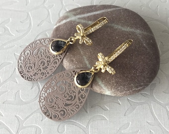 Bohemia earrings gold plated with zirconia and jewelry glass, bows earrings