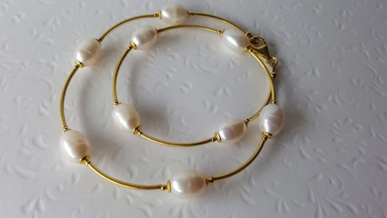 tube chain pearl necklace gift for woman Freshwater Pearls /& 925 silver gold plated necklace bridal necklace bridal jewelry