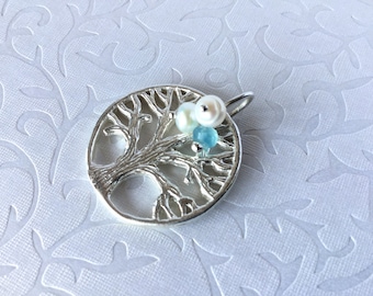 Tree of Life Pendant with Freshwater Pearls and Chalcedon, Gift for Her