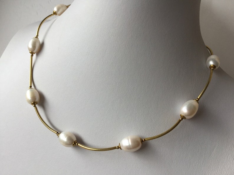 tube chain pearl necklace gift for woman Freshwater Pearls /& 925 silver gold plated necklace bridal necklace bridal jewelry