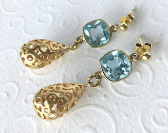 Topaz stud earrings 925 silver plated, filigree earrings, blue topaz, gift, bridal jewelry