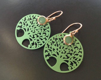 Tree of Life Earrings 925 Silver rose gold plated with jewelry glass, Tree of Life