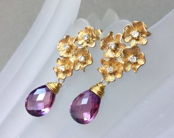 Pink Topaz Quartz Stud Gold Plated