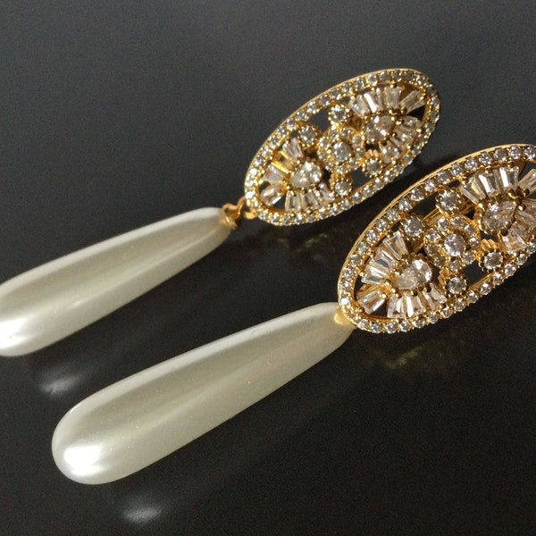 Zirconia earrings with Mallorca pearls gold-plated, brautohrringe