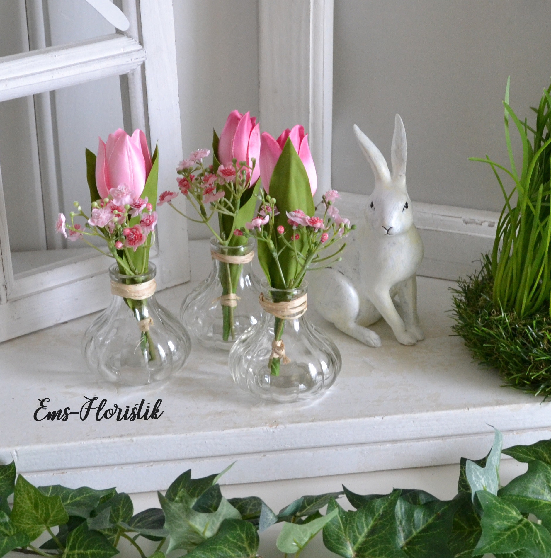 Tischdeko 3-Set Tulpen in Flaschen mit Schleierkraut rosa Frühling