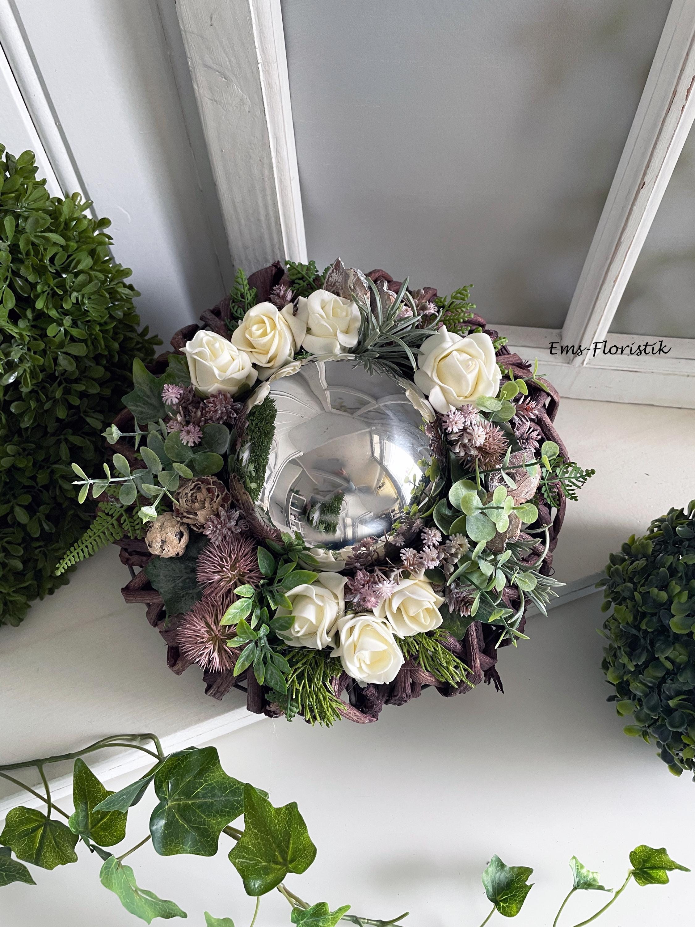 Grabgesteck Allerheiligen Gedenktag Kranz, Edelstahlkugel creme-brombeer 28 cm