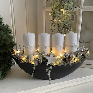 Adventsgesteck Adventskranz Schiffchen grau 40 cm Kerzen weiß