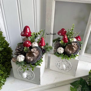 Herbstdeko Gesteck Schublade Fliegenpilze Igel Zapfen