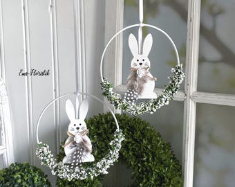 Window decoration, window hanging, rabbit in a ring, Ø 15 cm, white, Easter bunny, shabby chic