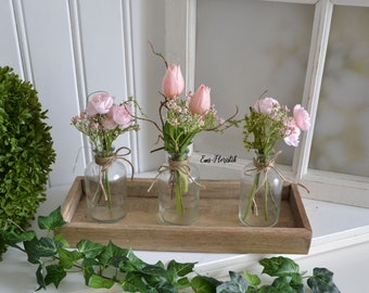Tischdeko 3-Set Frühlingsblumen in kleinen Vasen auf Tablett 2 Variationen
