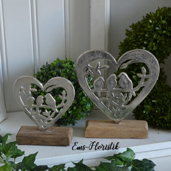 Stand birds in the heart made of metal on mango wood Base silver 2 sizes