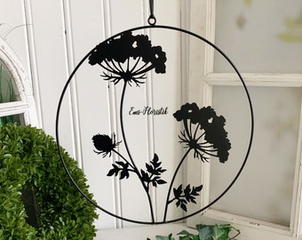 Window decoration window hanger 35 cm flowers in a ring made of black metal