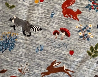 Jersey fabric, roughened "forest animals" grey, blue melange brand quality, bygericke