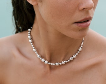 round shape hematite beaded necklace, large silver beads necklace, hematite unisex beaded necklace, statement silver beads necklace