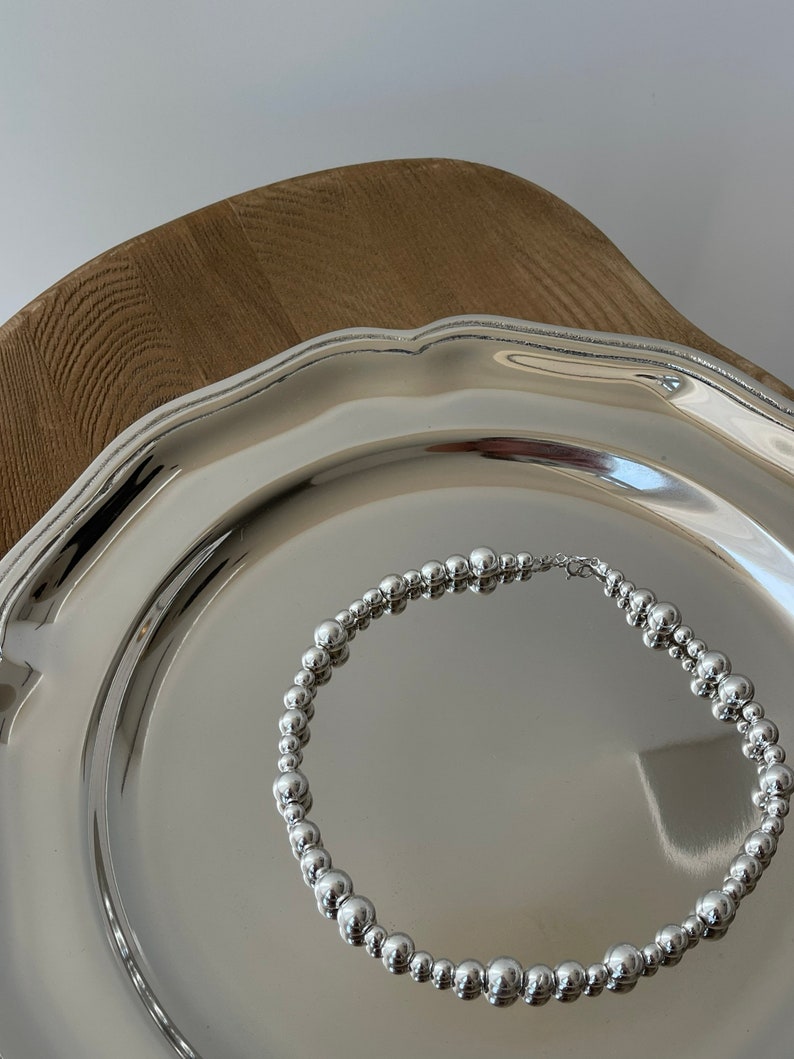 collier de perles dhématite de forme ronde, grand collier de perles dargent, collier de perles unisexe hématite, collier de perles dargent de déclaration image 2