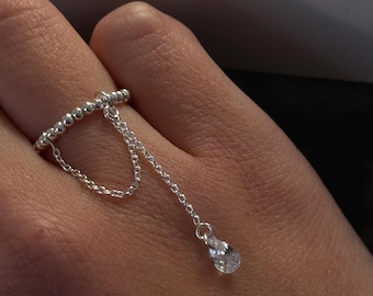 Sterling Silver Beaded Chain Ring: CZ Teardrop, Adjustable Elastic Band