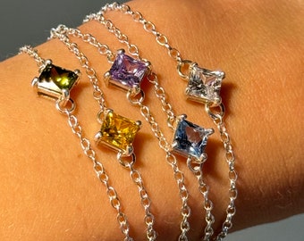 Bracelet solitaire chaîne en argent sterling 925 avec oxydes de zirconium cubiques minimalistes, carré blanc, vert jaune, bleu, zirconium délicat, bracelet pour femme