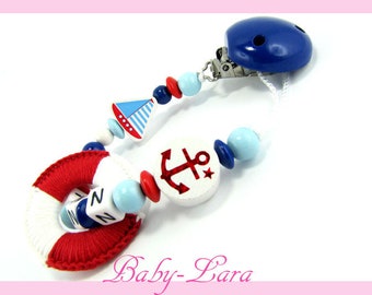 Soother chain with anchor sailboat and lifebuoy red blue